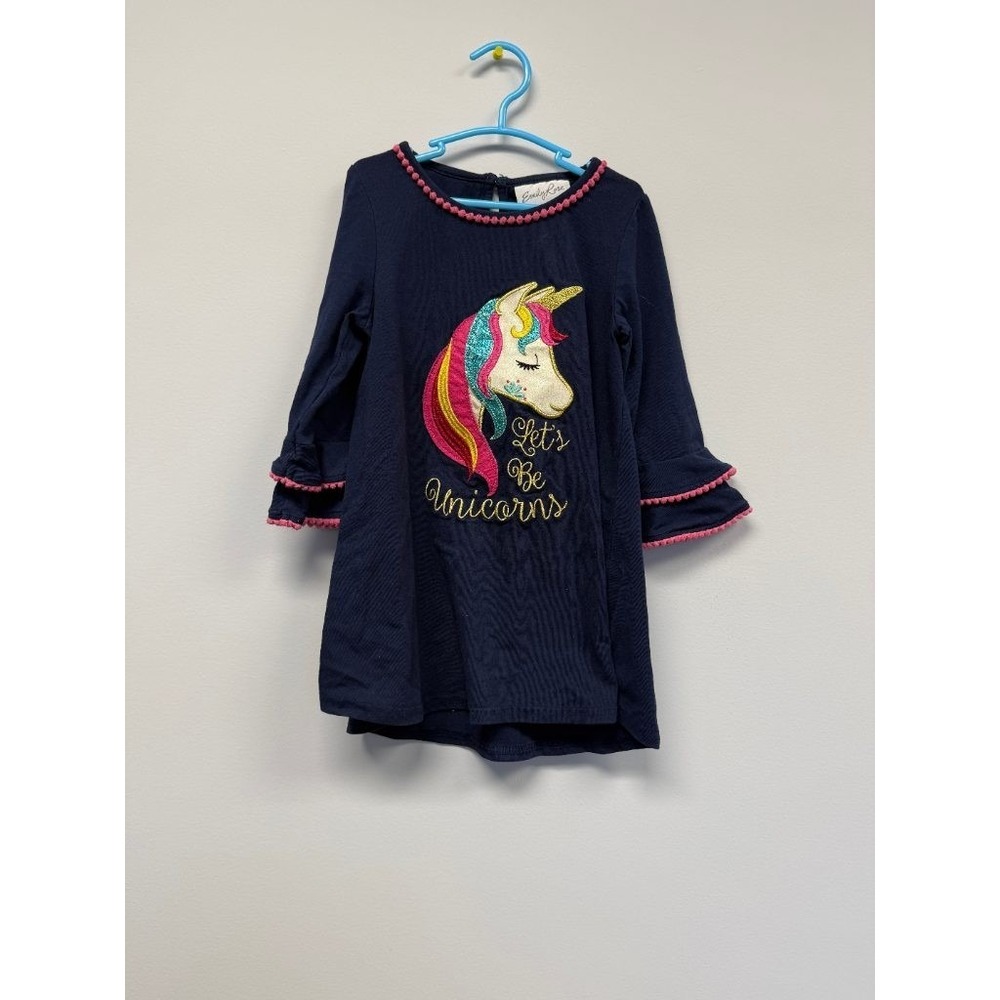 Emily Rose Girls Navy Unicorn Dress Bell Sleeve Pom Pom Let's Be Unicorns 3T